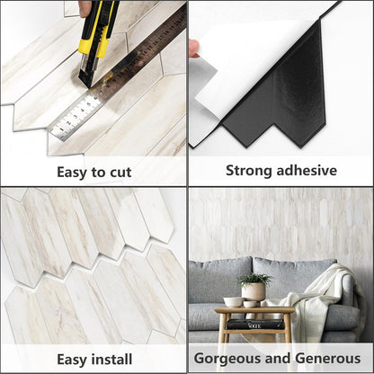 Vamos Tile Glossy Dolomite White Backsplash Tile Peel and Stick, 12.8 x 12.8 Inch 10 Sheets Long Hexagon PVC Self Adhesive Mosaic Wall Tiles Stick on Backsplash for Kitchen and Bathroom