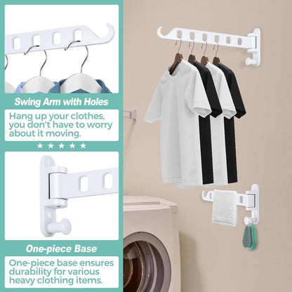 Wall Mounted Clothes Hanger with Swing Arm - 8-Hole Laundry Room Drying Rack | 180° Rotation & Space Saving for Hanging Clothes | Swing Away Coat Hanger | Aluminium(2-Pack, White)