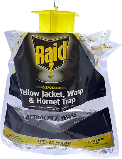 Raid Yellow Jacket, Wasp & Hornet Trap, 6 Pack, Disposable, Convenient, Hanging Fly Trap Bags with Food-Based Lure, No-Spray Outdoor Fly Traps Suitable Defense for Yards, Patios & Campsites