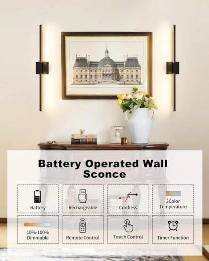 8000mAh Battery Operated Wall Sconce with Remote Control, 3000K-6000K Dimmable Black Wireless Rechargeable Wall Sconces Set of Two with Timer Function for Living Room, Bedroom, Stairwell, TV 24 Inch