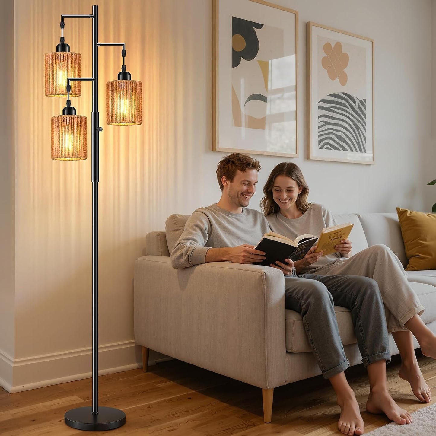 Hotsonic 72" Tall Boho Rattan Style Floor Lamp with Hand-Woven Paper Cord Shade, Dimmable Industrial Tree Standing Lamp for Living Room, Bedroom, Study Room, Office (3 x 800LM Bulbs Included) - Black