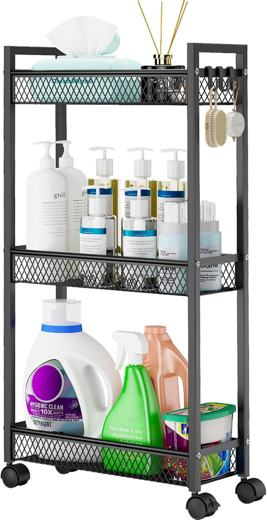YASONIC Slim Rolling Storage Cart, Metal 3 Tier Bathroom Storage Organizer Laundry Room Utility Cart for Kitchen, Bthroom, Makeup, Craft, Laundry Narrow Places, Black
