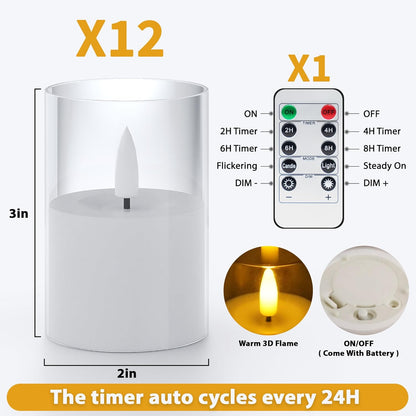 VIODAIM 12Pack Flickering Flameless LED Candles with Remote & Timer, Battery Powered - Small Pillar & Votive, Clear (2"X3")