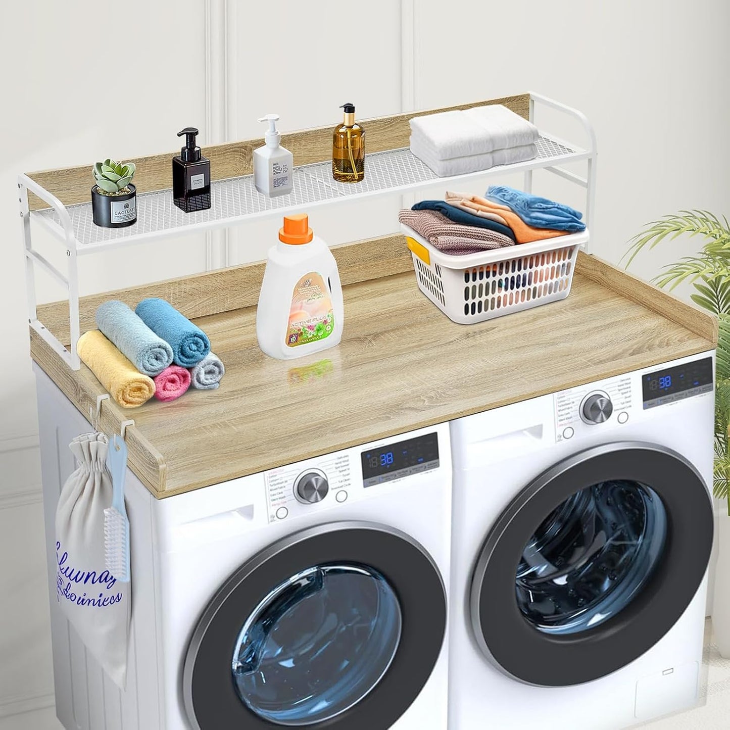 VEVOR Washer Dryer Countertop with 2-Tier Shelf, 54" x 27" Wooden Washer and Dryer Countertop with Anti-Slip Pads, Water-Resistant Laundry Topper Cover for Laundry Room Organization and Storage, Black