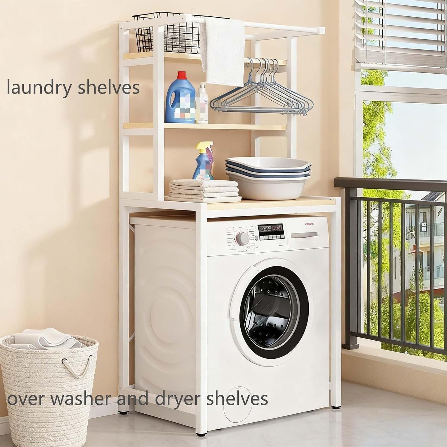 Over The Washer Storage Shelf, Space-Saving Laundry Organizer, Sturdy Metal Frame with Natural Wood Shelves, No Drilling, Ideal for Laundry Room, Bathroom, Balcony(White,Two Layers)