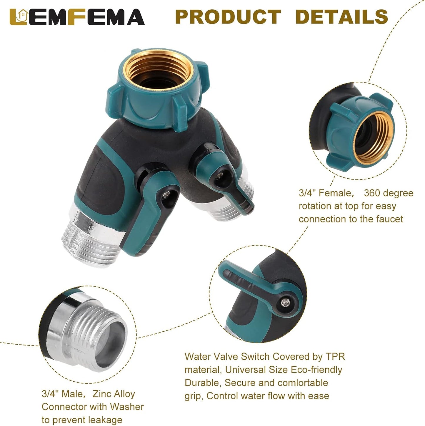 2 Way Garden Hose Splitter, 3/4" Y Garden Hose Connector with Comfortable Rubberized Grip , 2 Faucet Extension Hose spring Protectors and 4 Hose Rubber Washer