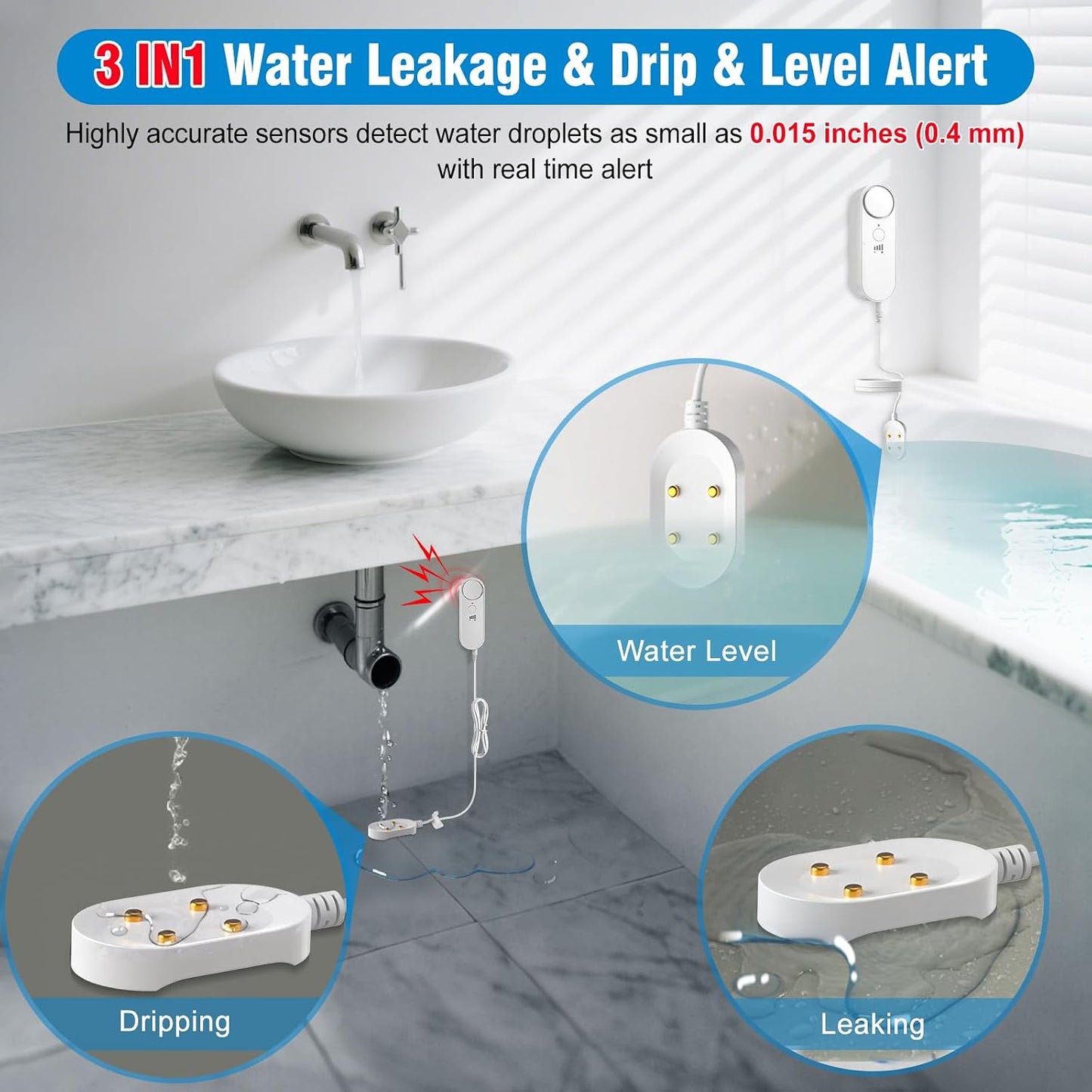 Daytech 3in1 Water Alarm for Basements with 6.5ft Detection Cable, Water Sensor for Bathroom, Water Leak Detectors for Home/RV/Kitchen,Sump Pump Alarm for Water Heater/Washing Machine/Sink (2 Pack)
