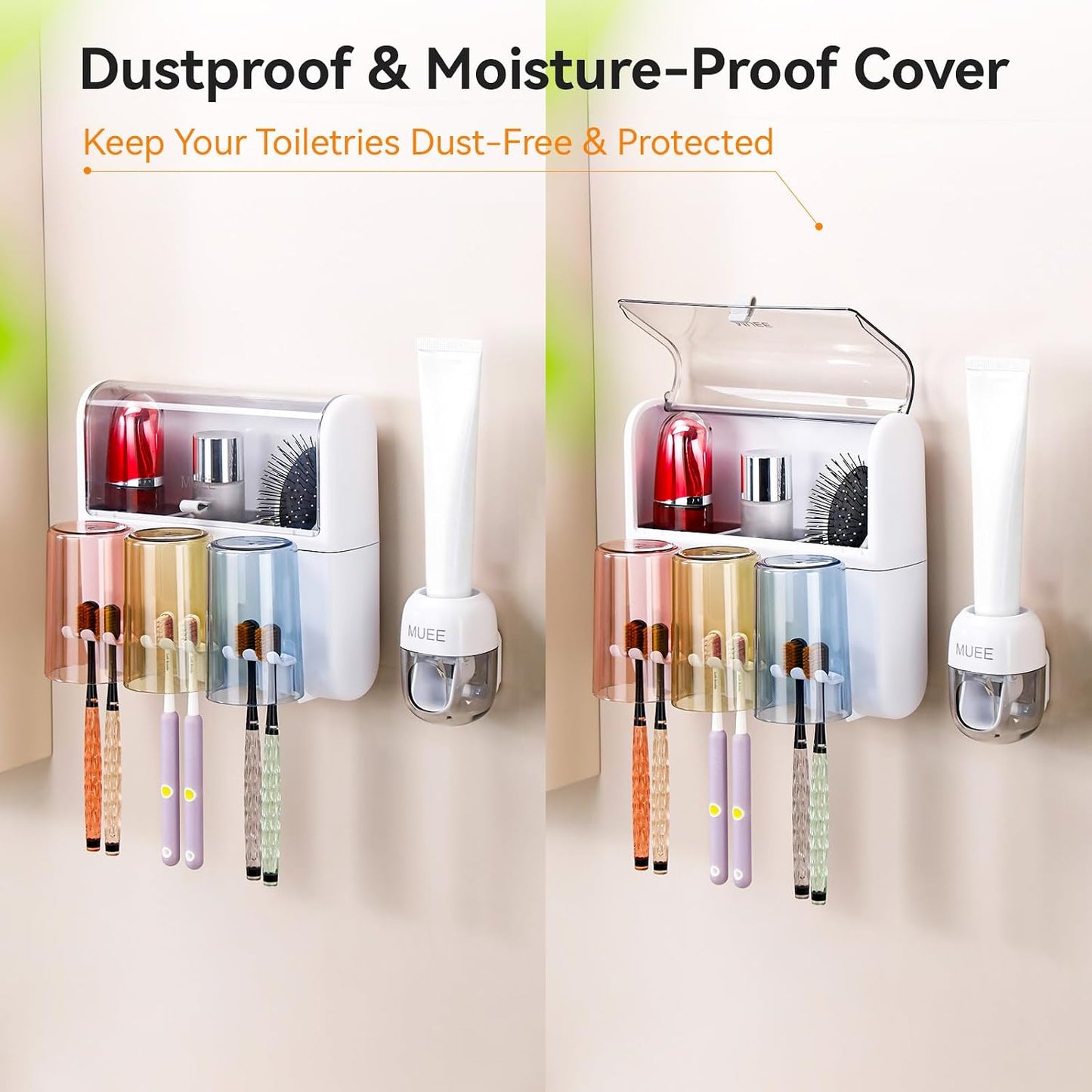 Toothbrush Holder Wall Mounted with Automatic Toothpaste Dispenser, Dustproof Flip Cover and Inverted Cup Slots, Multi-Functional No-Drill Bathroom Organizer for Family, Space Saver (3 Cups)