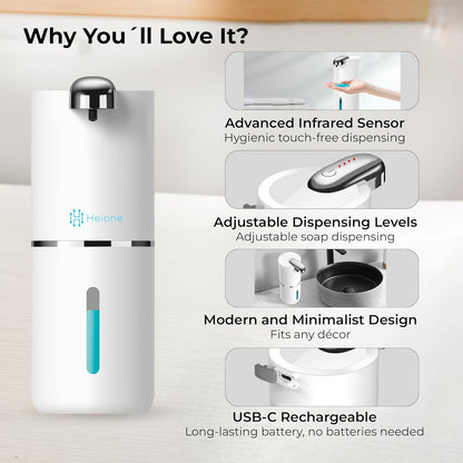 Automatic Touchless Foam Soap Dispenser - USB-C Rechargeable Foaming Soap Pump, IPX5 Waterproof for Bathroom & Kitchen, 12.8oz, Wall Mount or Countertop (Black)