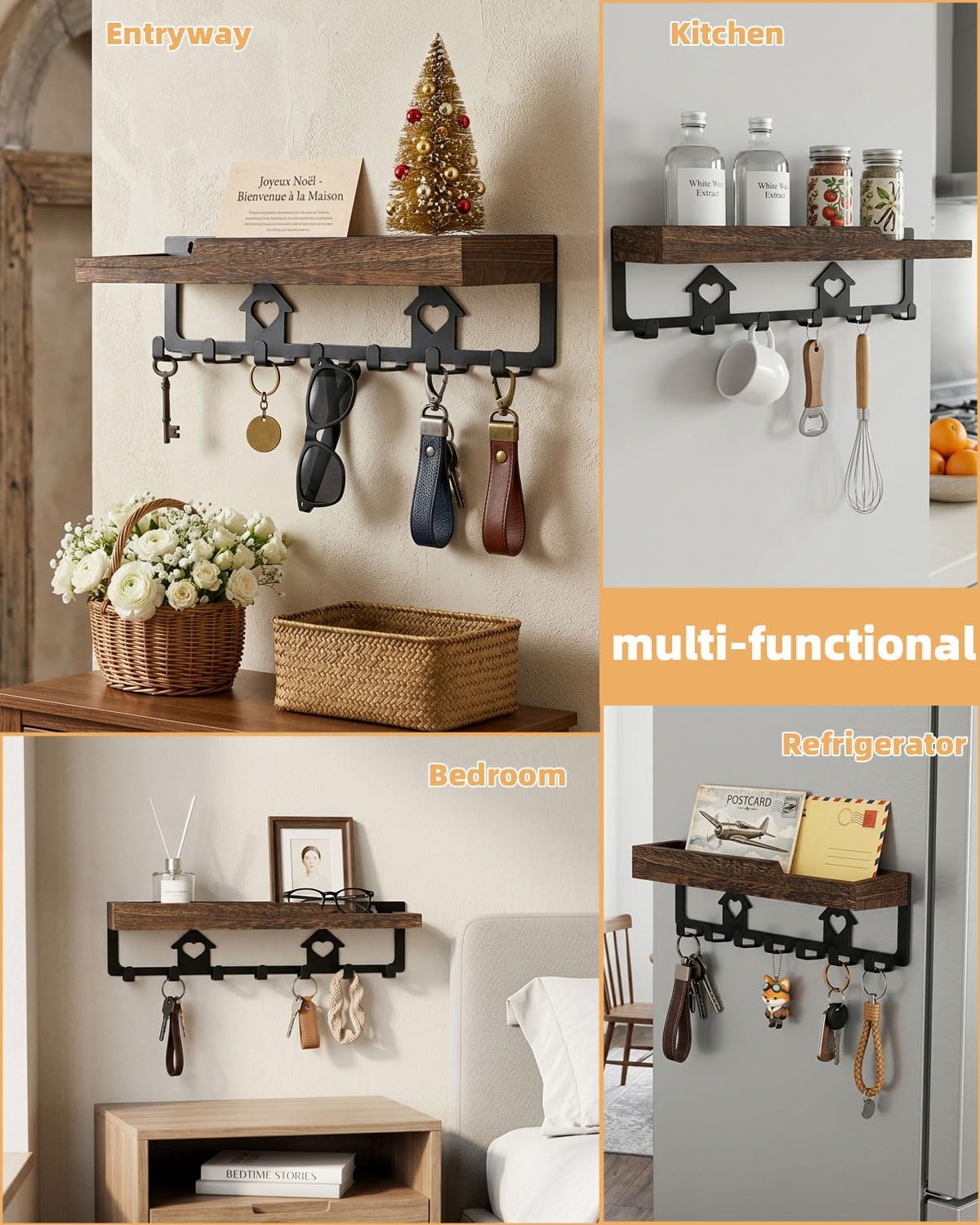 lucdnc Key Holder for Wall with Tray,Decorative 7 Metal Hooks and Paulownia Wood Shelf,Entryway Organizer for Mail,Keys,Sunglasses -Wall Mounted Key Hooks for Office Home Decor Key Rack