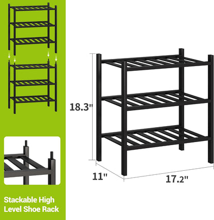 BMOSU 2-Tier Bamboo Small Shoe Rack Premium Stackable Shoe Shelf Storage Organizer for Hallway Closet Living Room Entryway Organizer (Black Bamboo)