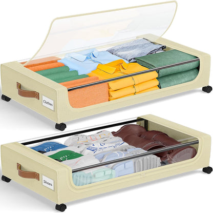 GoMaihe Under Bed Storage with Wheels: 48L Underbed Storage Containers with Lids - Rolling Bins for Shoes Clothes in Dorm Bedroom - Metal Drawers Easy Pull-out Grey 2-Pack