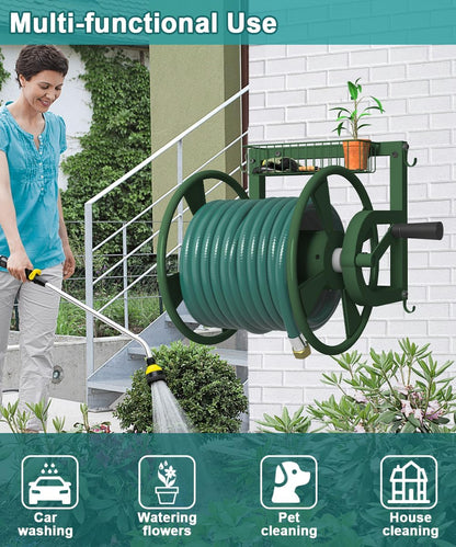 Artigarden Outdoor Wall Mounted Hose Reel with Hook, Garden Heavy-Duty Water Holder Winder with 3.9 ft Leader Hoses, Brass Fitting and Storage Basket for Yard, Holds 125 Ft of 5/8-Inch Hose, Black