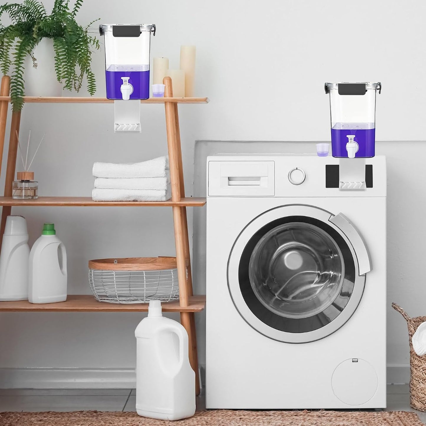 Soaoo 3 Set 67.6 oz Liquid Laundry Detergent Dispenser with Faucet and Cup Holder Labels Plastic Fabric Softener Container Detergent Drip Catcher for Laundry Room Washing Soap