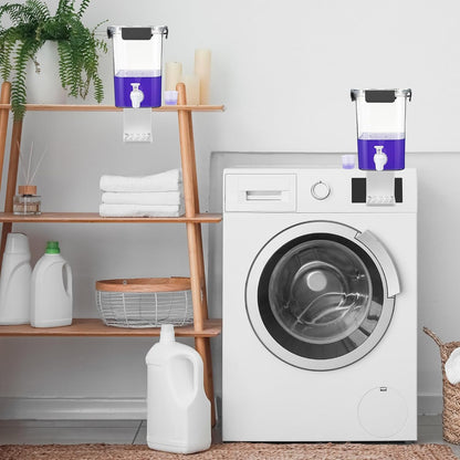 Soaoo 3 Set 67.6 oz Liquid Laundry Detergent Dispenser with Faucet and Cup Holder Labels Plastic Fabric Softener Container Detergent Drip Catcher for Laundry Room Washing Soap