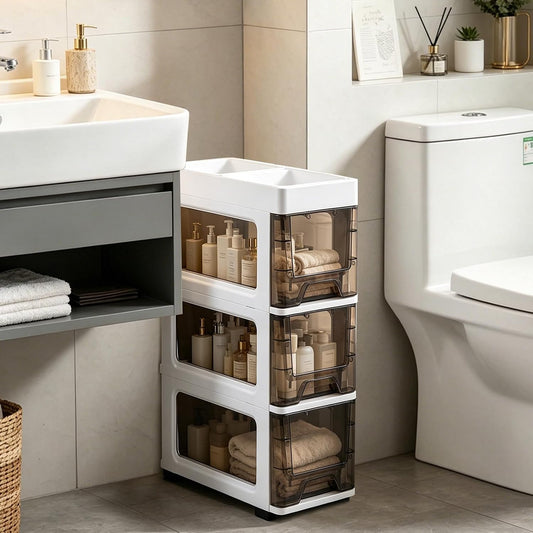 3 Drawer Storage Organizer, Narrow Slim Plastic Storage Drawer Cart with 4 Wheels, 3 Tier Space Saving Storage Tower Box, Narrow Storage Cart for Small Space Bedroom Bathroom Kitchen Pantry Office