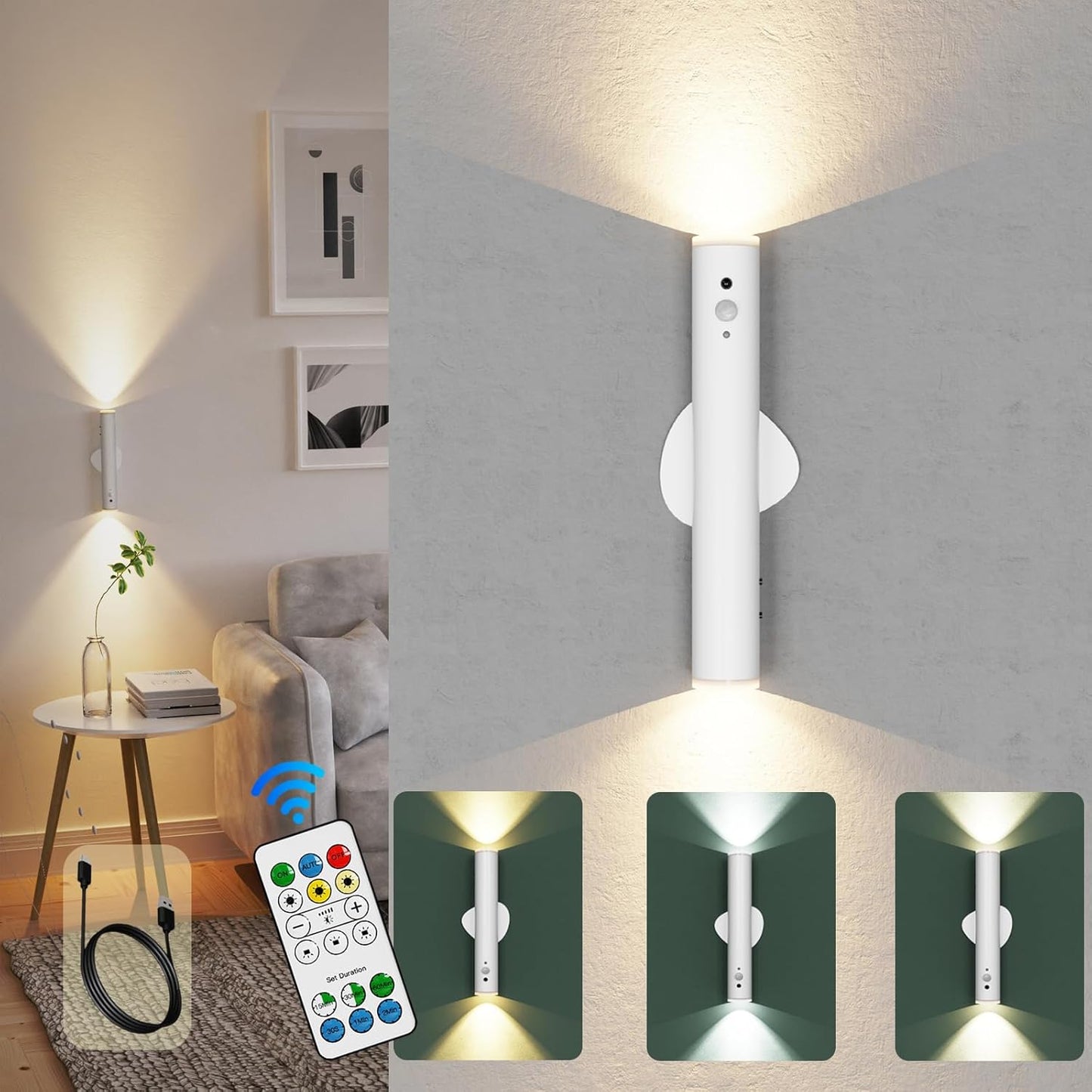 LYTARA Battery Operated Wall Sconce Set of Two, Rechargeable Wall Lights with Motion Sensor, Remote Control, Dimmable Metal Magnetic Wall Lamp for Decor, Bedroom, Night Light (Black, 2 Pcs)