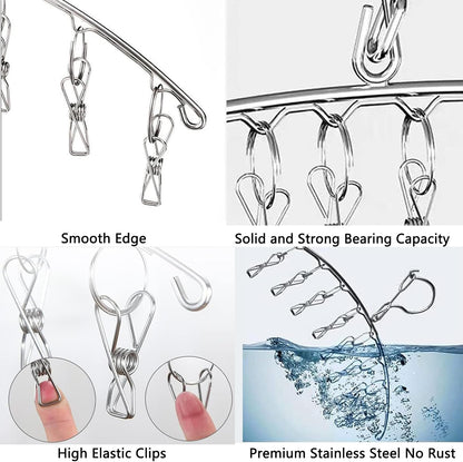 Stainless Steel Laundry Drying Rack Clothes Hanger with Windproof Hook,Underwear Hanger,Clothes Hangers with 8 Clips for Drying Socks,Diapers,Baby Clothes(2 Pack)