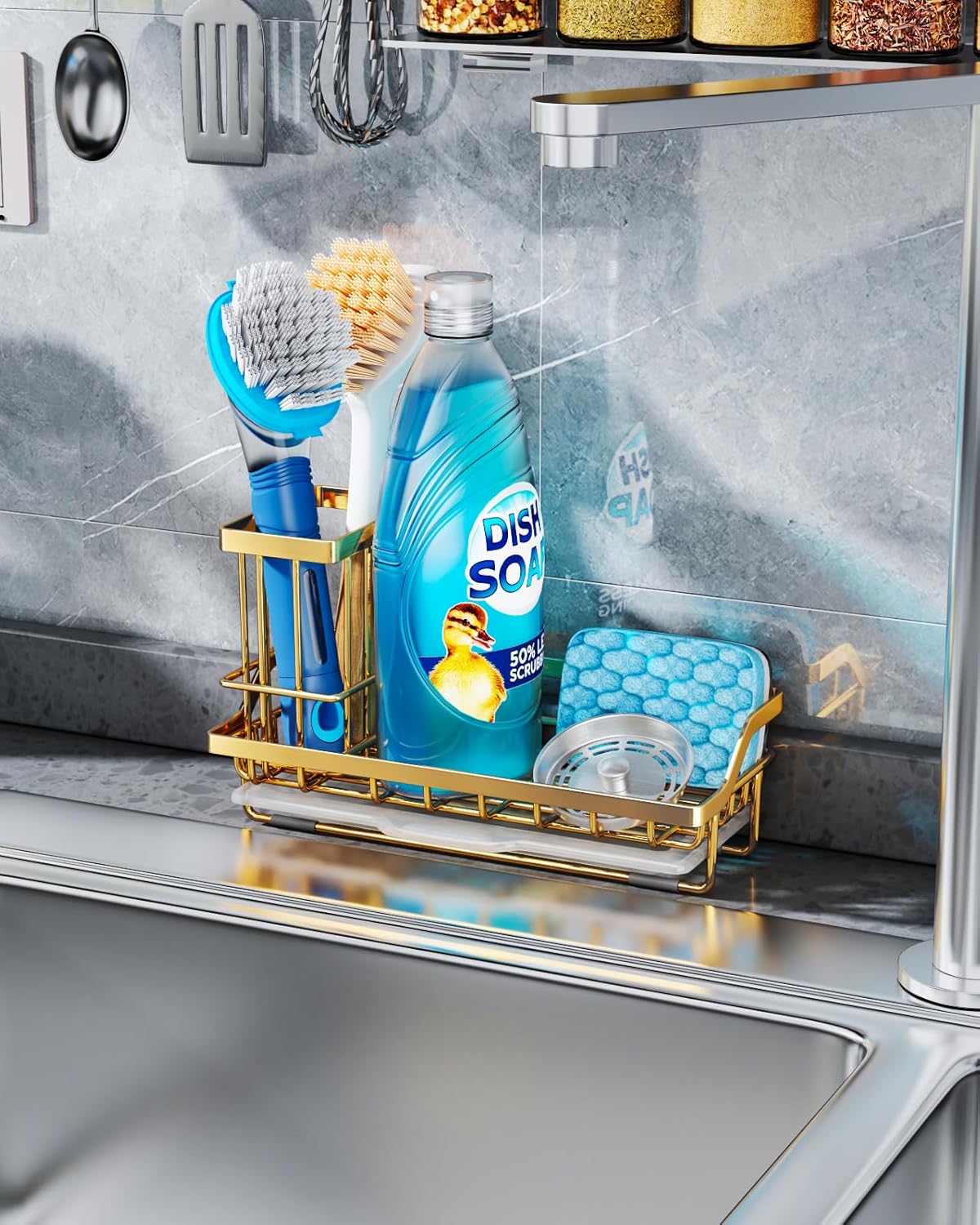 Consumest Sponge Holder for Kitchen Sink - Kitchen Sink Caddy Organizer with Removable Drip Tray for Countertop Dish Soap Dispenser Brush Storage Accessories 304 Stainless Steel - Black