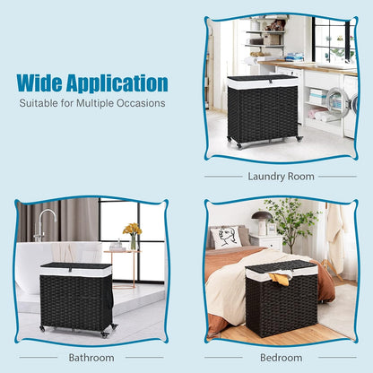 GOFLAME Laundry Hamper with Lid and Wheels, 125L Hand Woven Rattan Laundry Basket with 3 Divided Sections, Handles, 2 Removable and Washable Liner Bags, Dirty Clothes Hamper for Bedroom (Natural)