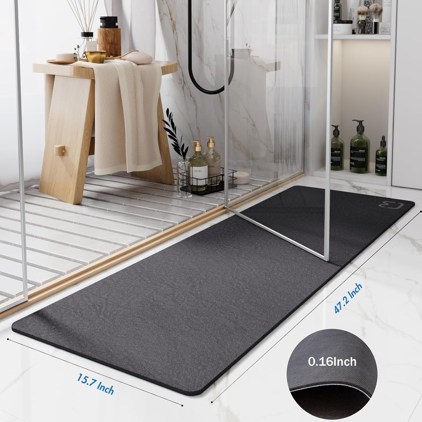 Diatomaceous Earth Bath Mat Rugs Super Absorbent Diatomite Stone Bath Mat Non Slip Quick Dry Thin Bathroom Mat Fit Under Door, Floor Rugs in Front of Bathtub, Shower Room, Sink,15.7"x23.6", Grey