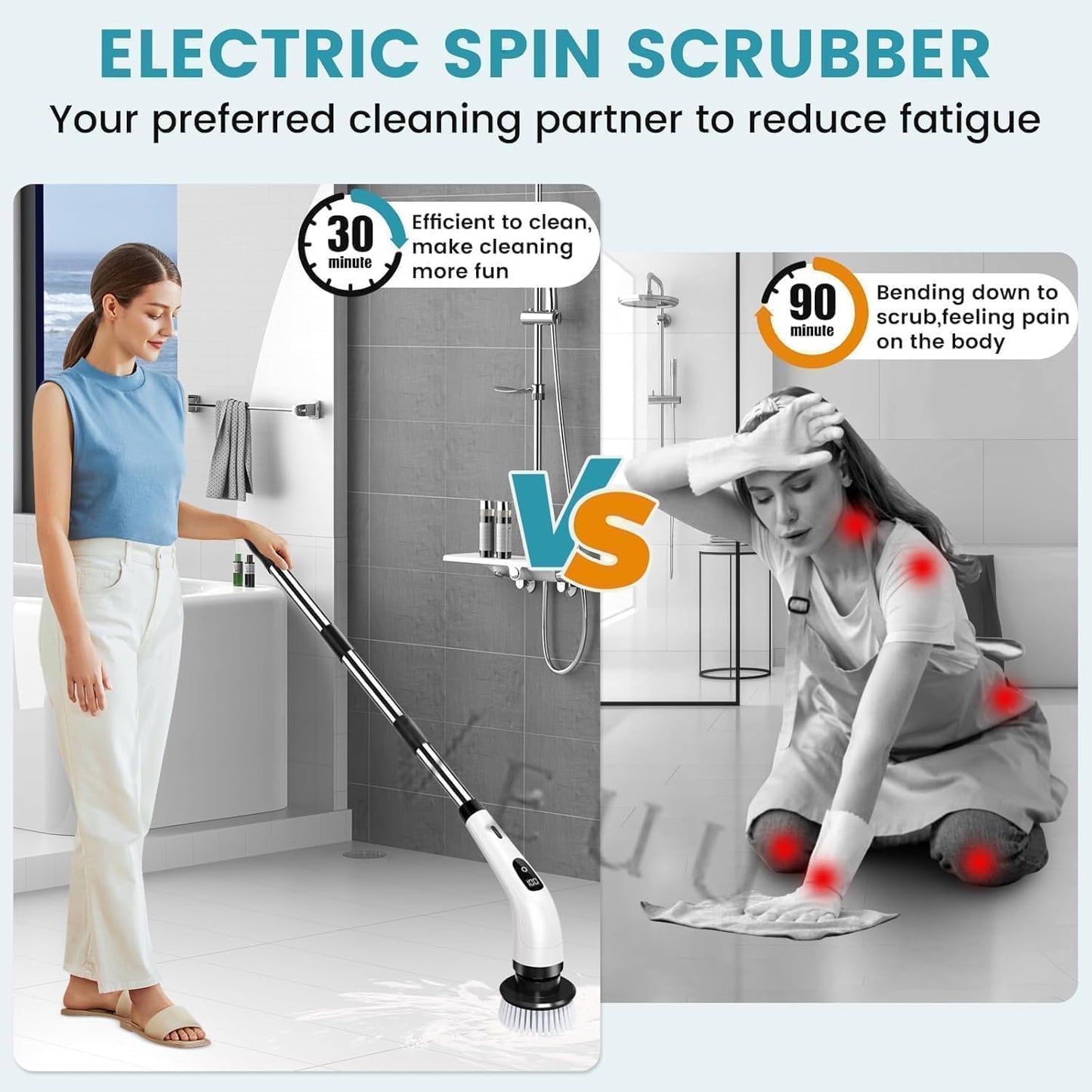 7-in-1 Electric Spin Scrubber, 25W Powerful Cordless Cleaning Brush with Adjustable Handle & 7 Replaceable Heads for Bathroom, Floor, Tile, Kitchen & Car