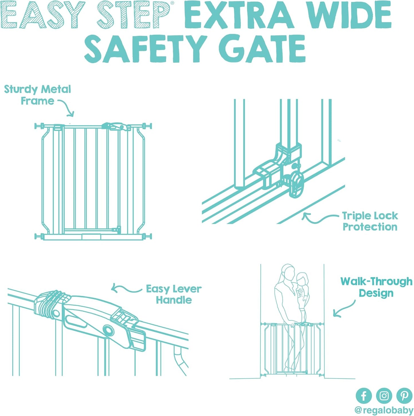 Regalo Safety 29-38.5" Baby Gate for Doorways & Bottom of Stairs, Pressure Mounted Baby Gate with Door for Babies, Toddlers & Pets, Tested & Safe for 30 Years, American Designed, American Owned, White