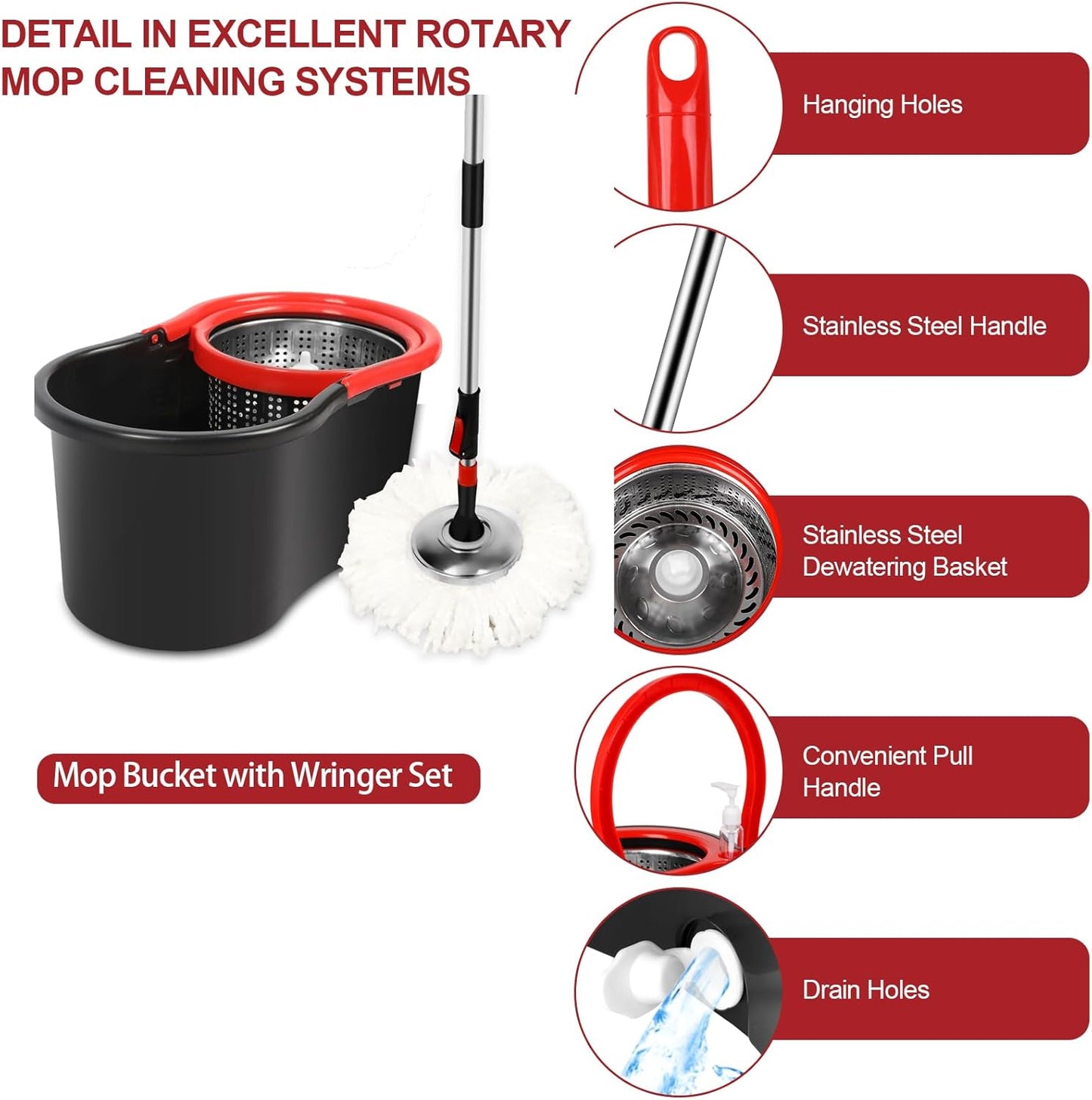 Spin Mop and Bucket with Wringer Set on Wheels, 360 Spinning Mop with Stainless Steel Handle for All Hard Surfaces, Floor Cleaning System with 3 Microfiber Replacement Heads, Black/Red