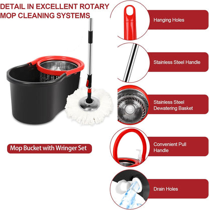 Spin Mop and Bucket with Wringer Set on Wheels, 360 Spinning Mop with Stainless Steel Handle for All Hard Surfaces, Floor Cleaning System with 3 Microfiber Replacement Heads, Black/Red
