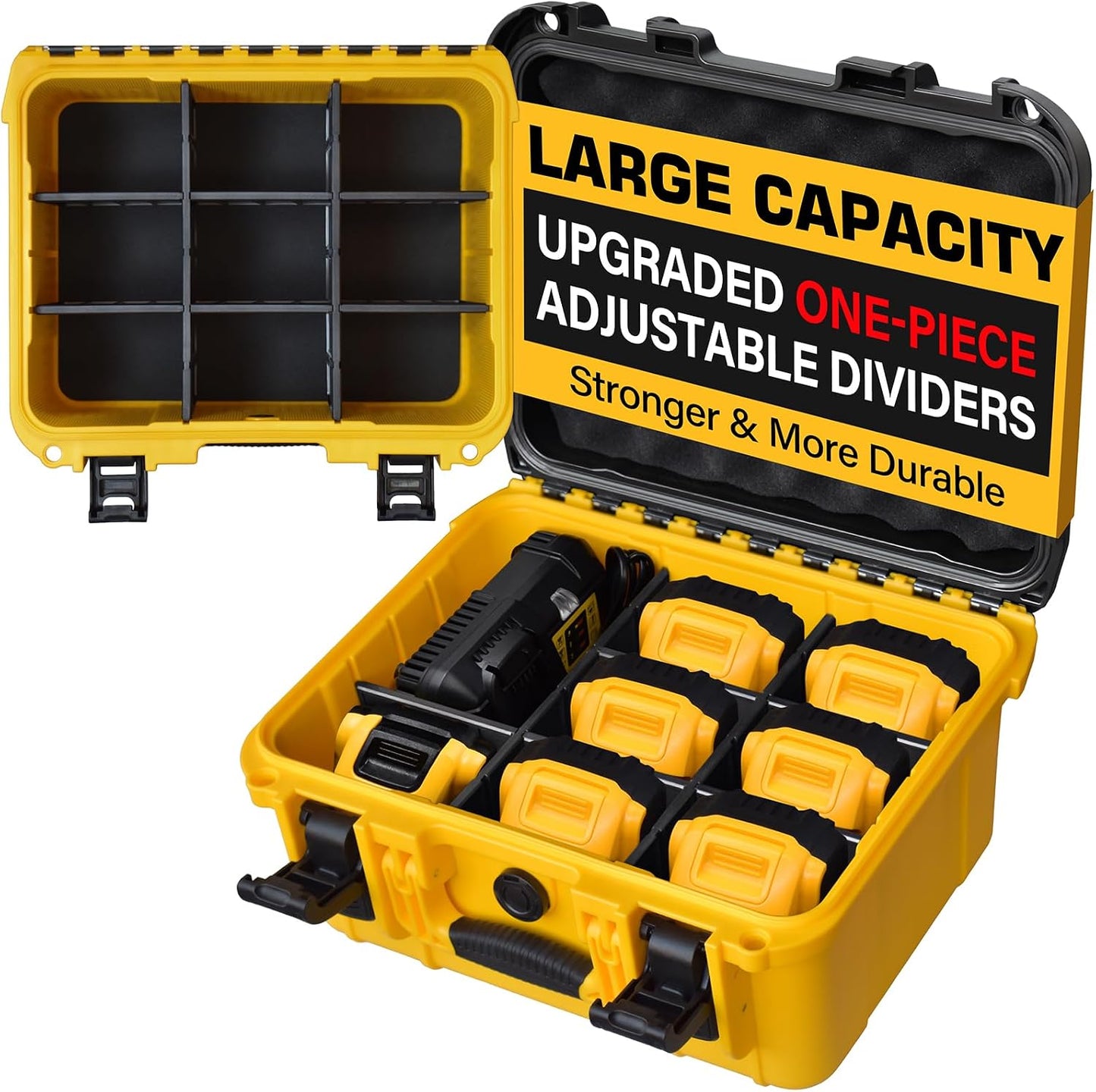 Case for Dewalt Battery – Waterproof Extra Large Hard Storage Box with 8 Adjustable One-Piece Molded Dividers, Heavy Duty Protective Organizer for Dewalt Battery and Charger
