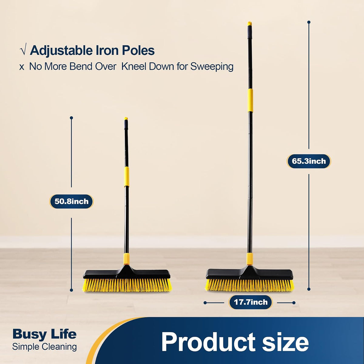 Yocada 18 Inch Push Broom Heavy-Duty Outdoor Commercial Broom Brush Stiff Bristles for Cleaning Patio Garage Deck Concrete Wood Stone Tile Floor 65.3 inch Long