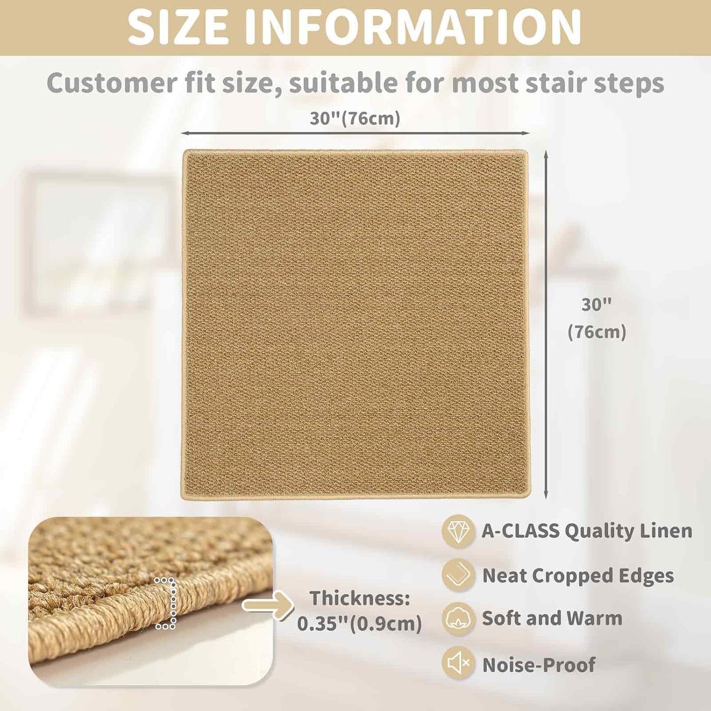 Brakki Bullnose Carpet Stair Treads, Non Slip Stair Treads for Wooden Steps Indoor, Stair Runner, Soft Stair Rugs, Edging Stair Protectors, Washable, 29.5"x9.5"x1.5" 14pcs, Beige