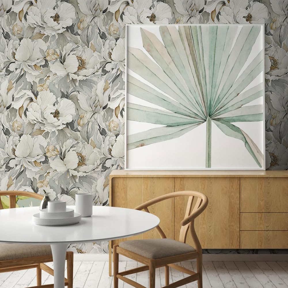 MuralPeel Dark Grey White Poppies Peony Floral Vintage Peel and Stick Wallpaper Self Adhesive Removable Easy Peel Off Stick on Wall Paper for Bedroom Cabinet Renter