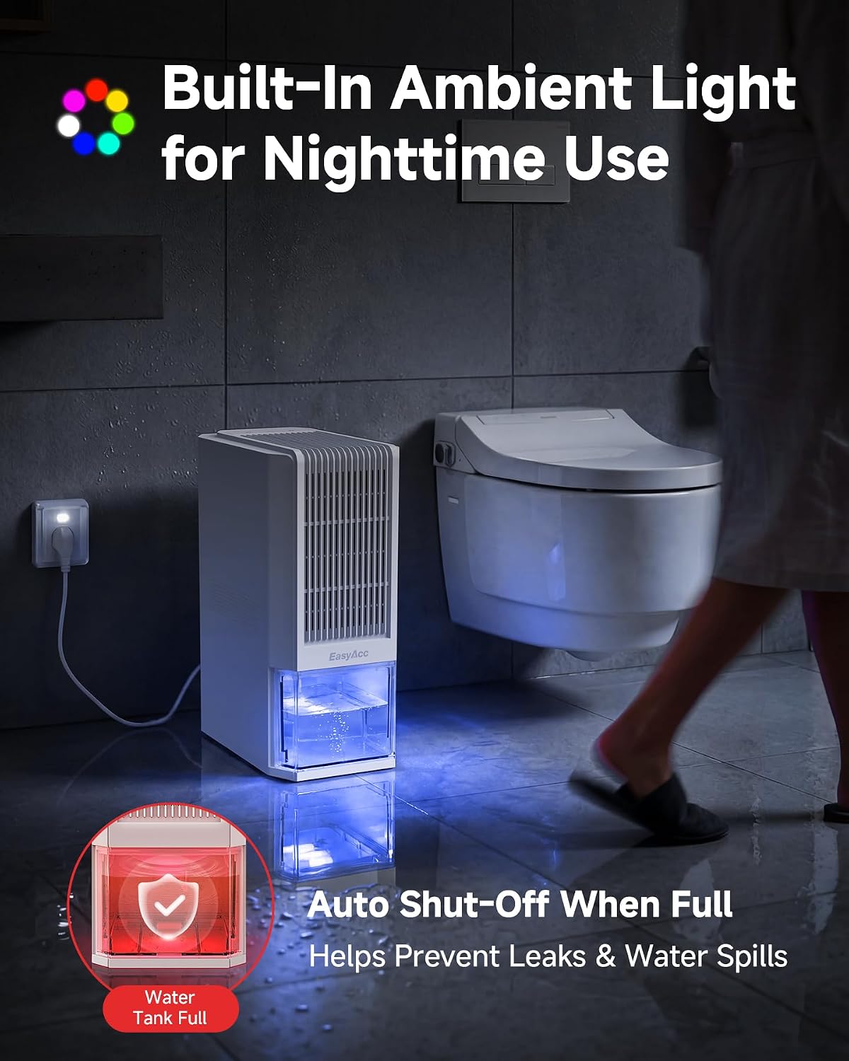 EasyAcc Small Dehumidifier for Bathroom, 68 OZ Dehumidifier for RV with Auto Shut Off, Removes Up to 40 OZ/Day, Quiet Portable Dehumidifier with 7 Color LED Light, Auto Defrost for Bedroom Closet