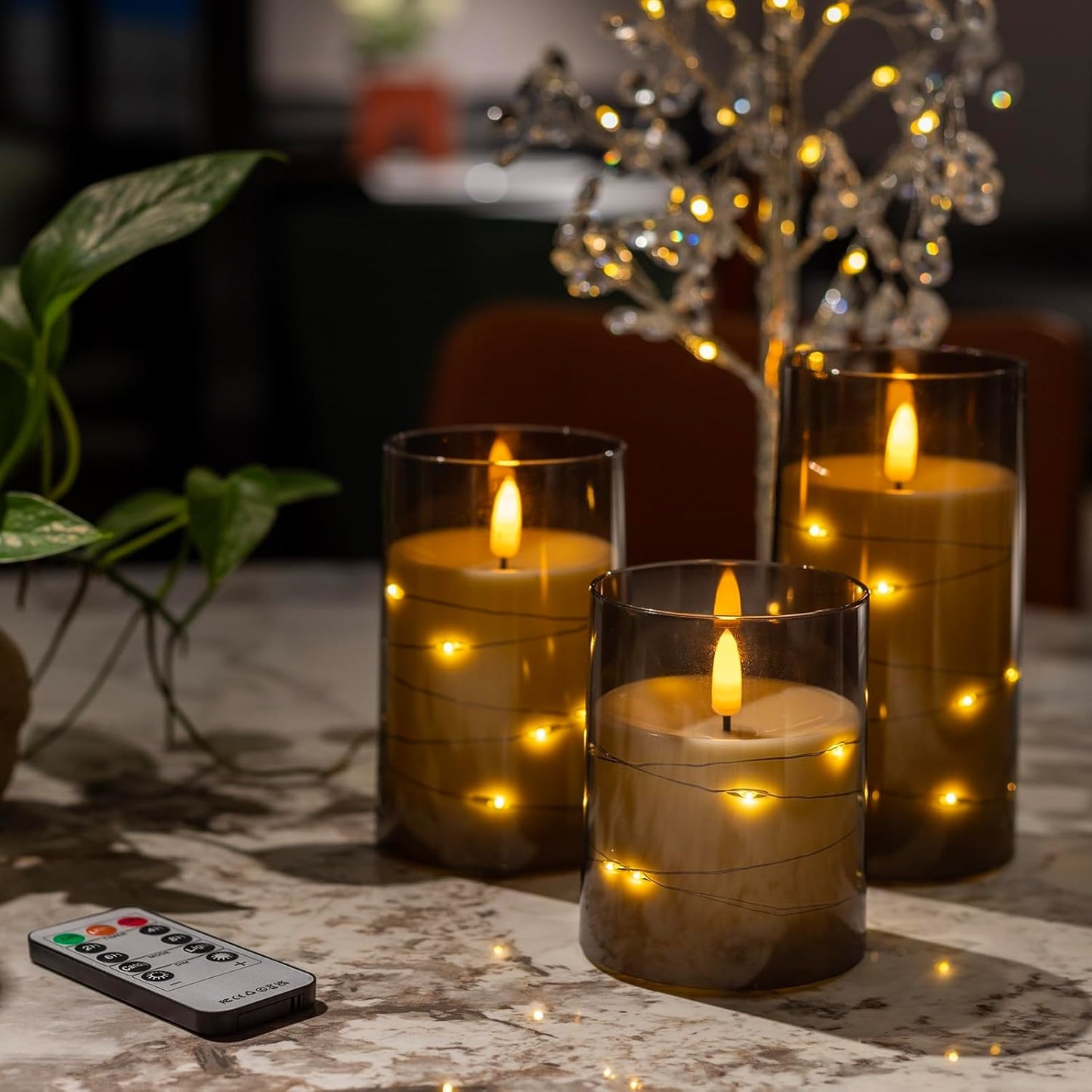 Blue Flameless Candles with Remote, Real Wax Glass Battery Operated Candles with Timer, LED Pillar Candle for Bedroom Home Wedding Birthday Party Fall Halloween Christmas Decorations, Set of 3