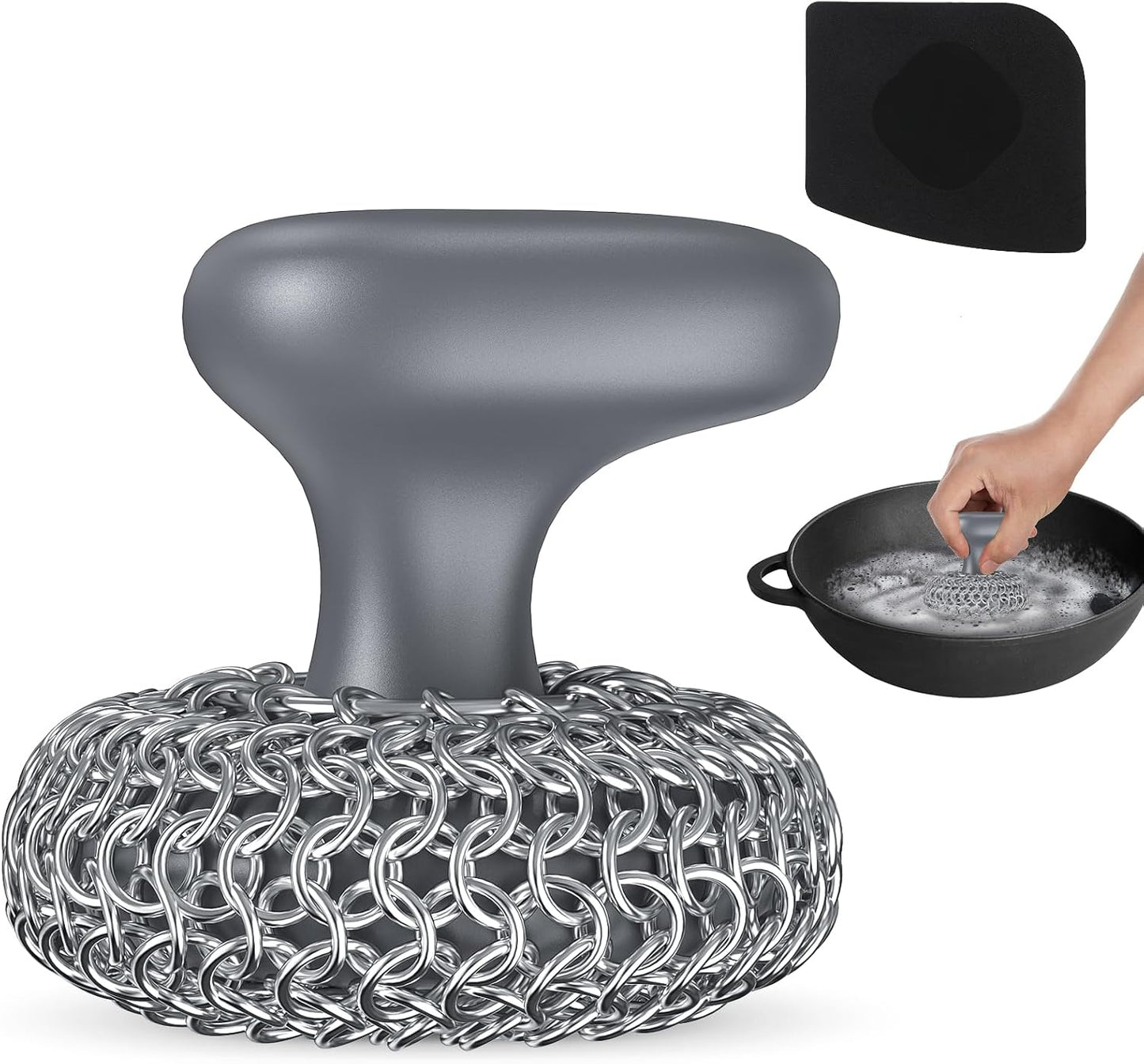 Cast Iron Scrubber | Dish Scrub Brush | 316 Cleaner Chainmail Scrubber for Cast Iron Pan Skillet Cleaner - Dish Scouring Pad Dishwasher Safe Cleaning Kit, Black 02