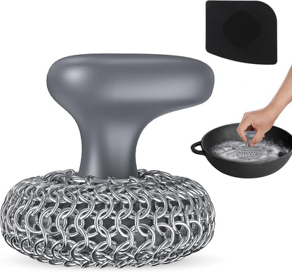 Cast Iron Scrubber | Dish Scrub Brush | 316 Cleaner Chainmail Scrubber for Cast Iron Pan Skillet Cleaner - Dish Scouring Pad Dishwasher Safe Cleaning Kit, Black 02