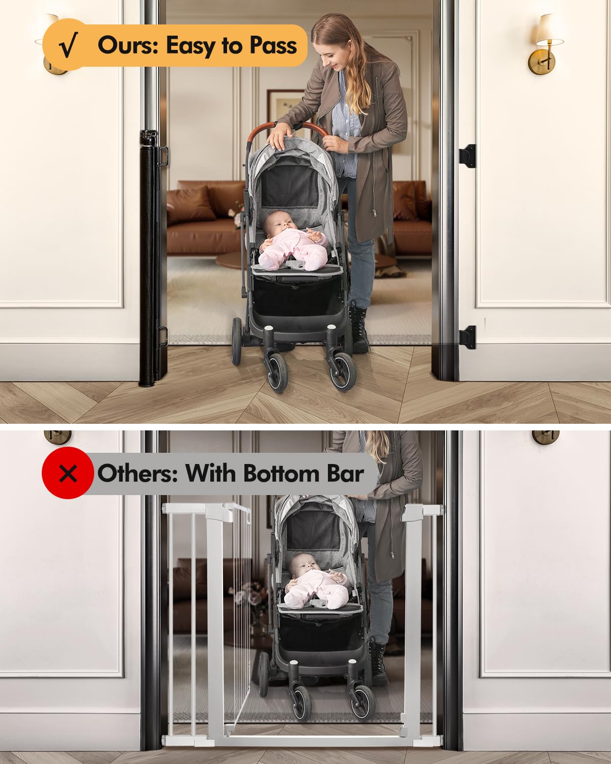 Retractable Baby Gate for Stairs & Doorways, 55" Wide x 33.6" Tall Easy Installation Mesh Dog Gate for Indoor & Outdoor Use,Pet and Dog Safety Gate for Hallways(Grey)