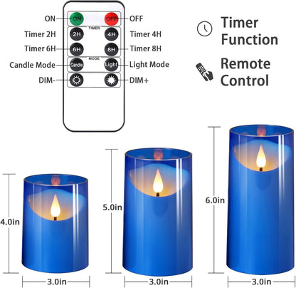 NURADA Flameless Candles with Remote Timer - Glass Real Wax 3D Wick LED Pillar Votive Candle Set Battery Operated Flickering Light for Home Christmas Decoration - White 3 Pack