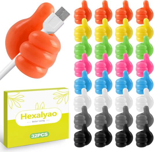 32 Pack Thumb Wall Hooks Silicone Cable Clips Self Adhesive Cord Organizer for Desk Office Home Cable Management Wire Holder for Charger USB Cable Keys Pens Multicolor