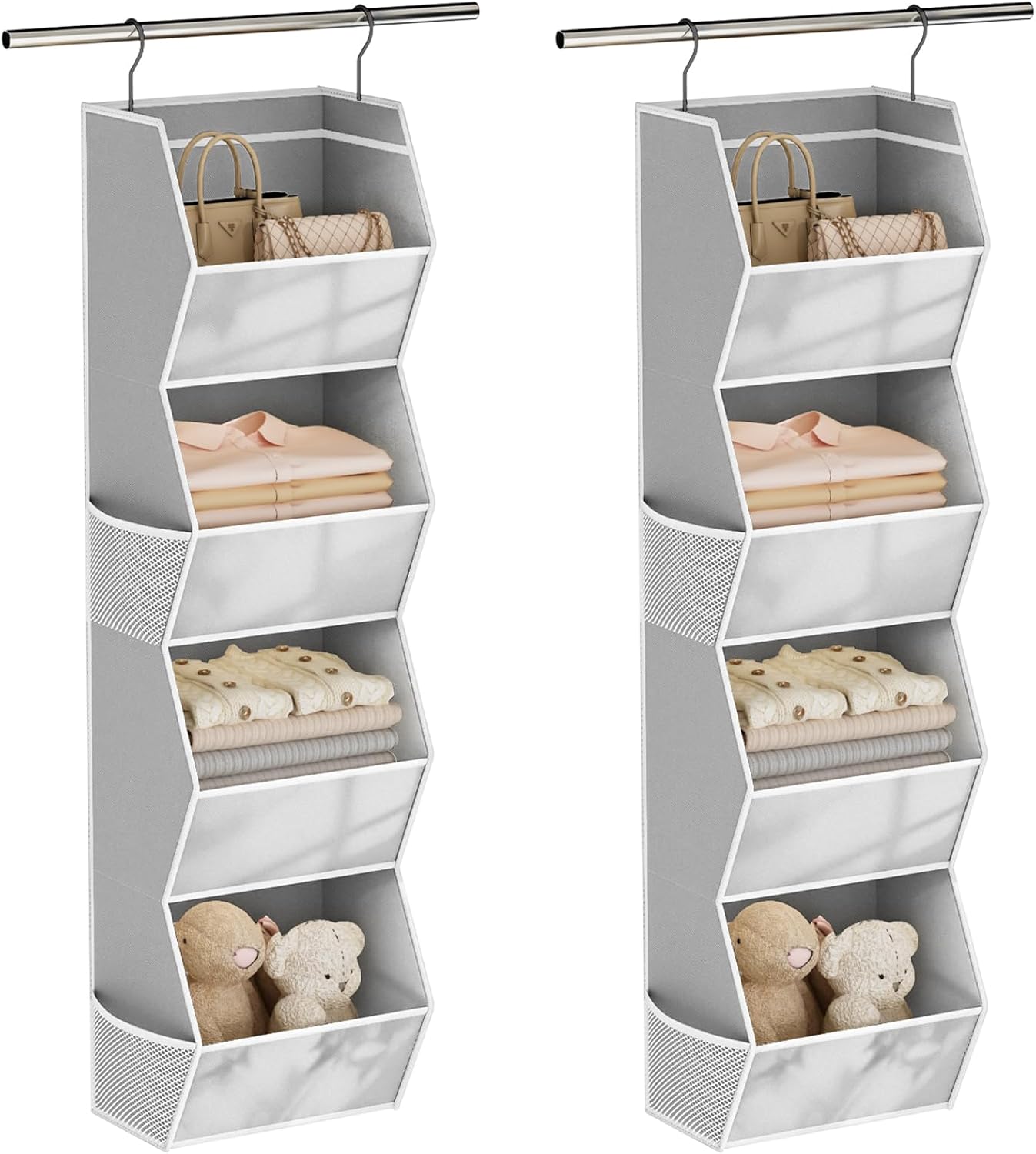 Hanging Closet Organizer 4 Shelf Collapsible Bedroom Closet Organizers and Storage Hanging with Mesh Pockets for Clothes, Fabric Hanging Storage Bins for Wardrobe Closet Organization and Storage, Grey