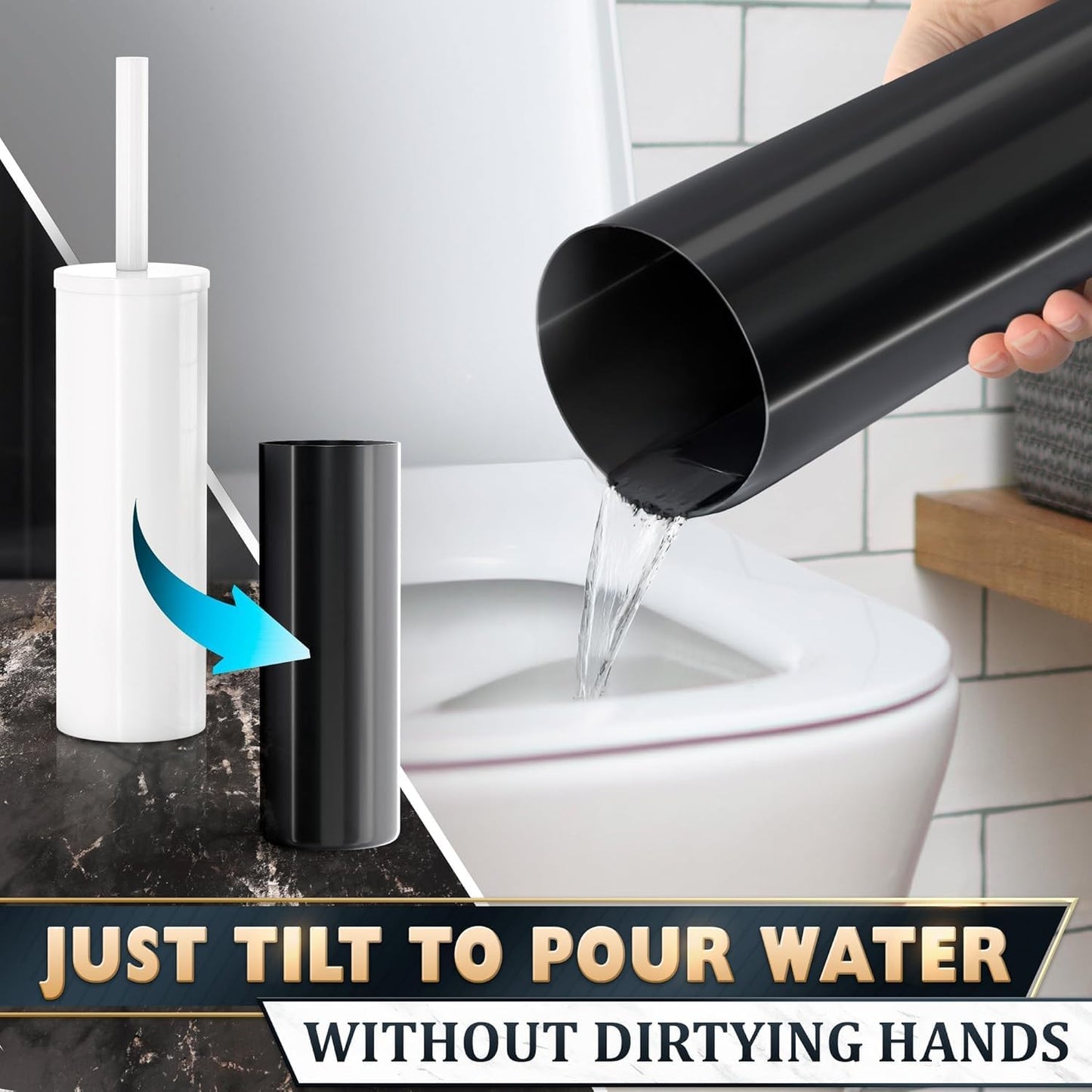 Black Toilet Brush and Holder Set - Slim Matte Design that Fits Anywhere - Stainless Steel Toilet Bowl Brush and Holder with 2 Rounded Corners, Replaceable Head, Removable Inner Bowl & Splash Guard
