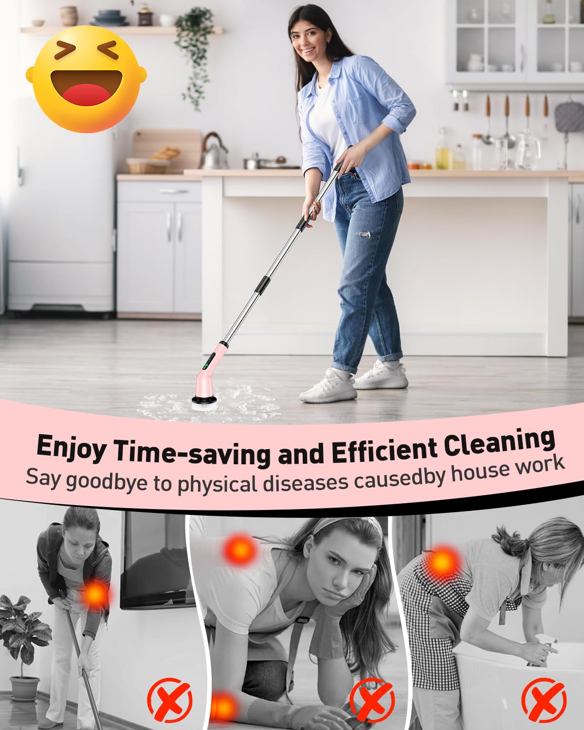 Shower Scrubber with Long Handle, Shower Cleaner Brush with 8 Floor Machine Pads, Cordless Electric Spin Scrubber for Cleaning with 2 Speed, Cleaning Supplies for Bathroom Bathtub Kitchen Floor Tile