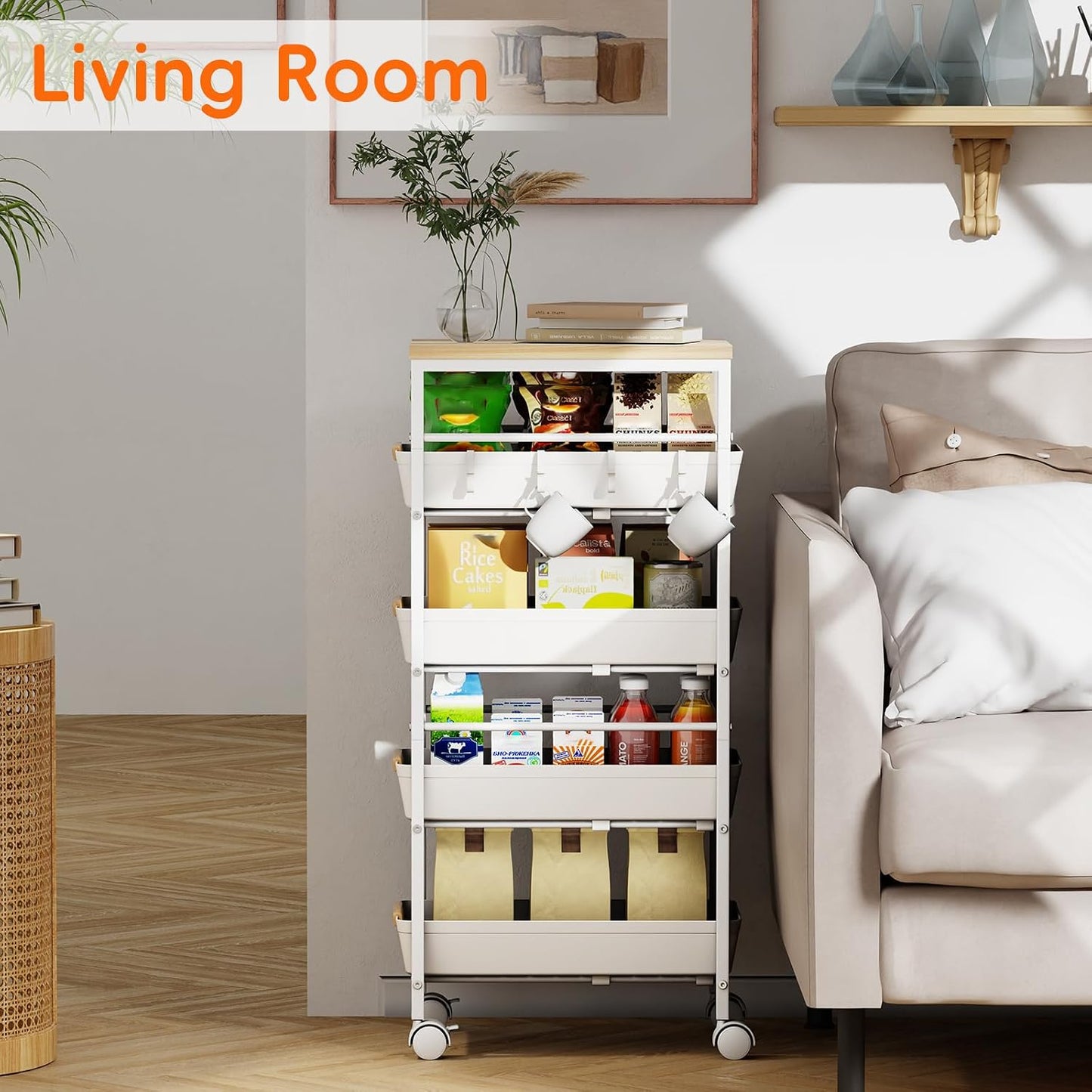 5-Tier Slim Storage Cart, Wooden Top Rolling Kitchen Cart with Pull-Out Baskets & Wheels, Narrow Space Utility Cart Slide Out Organizer for Kitchen, Bathroom, Laundry Room, White