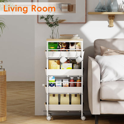 5-Tier Slim Storage Cart, Wooden Top Rolling Kitchen Cart with Pull-Out Baskets & Wheels, Narrow Space Utility Cart Slide Out Organizer for Kitchen, Bathroom, Laundry Room, White