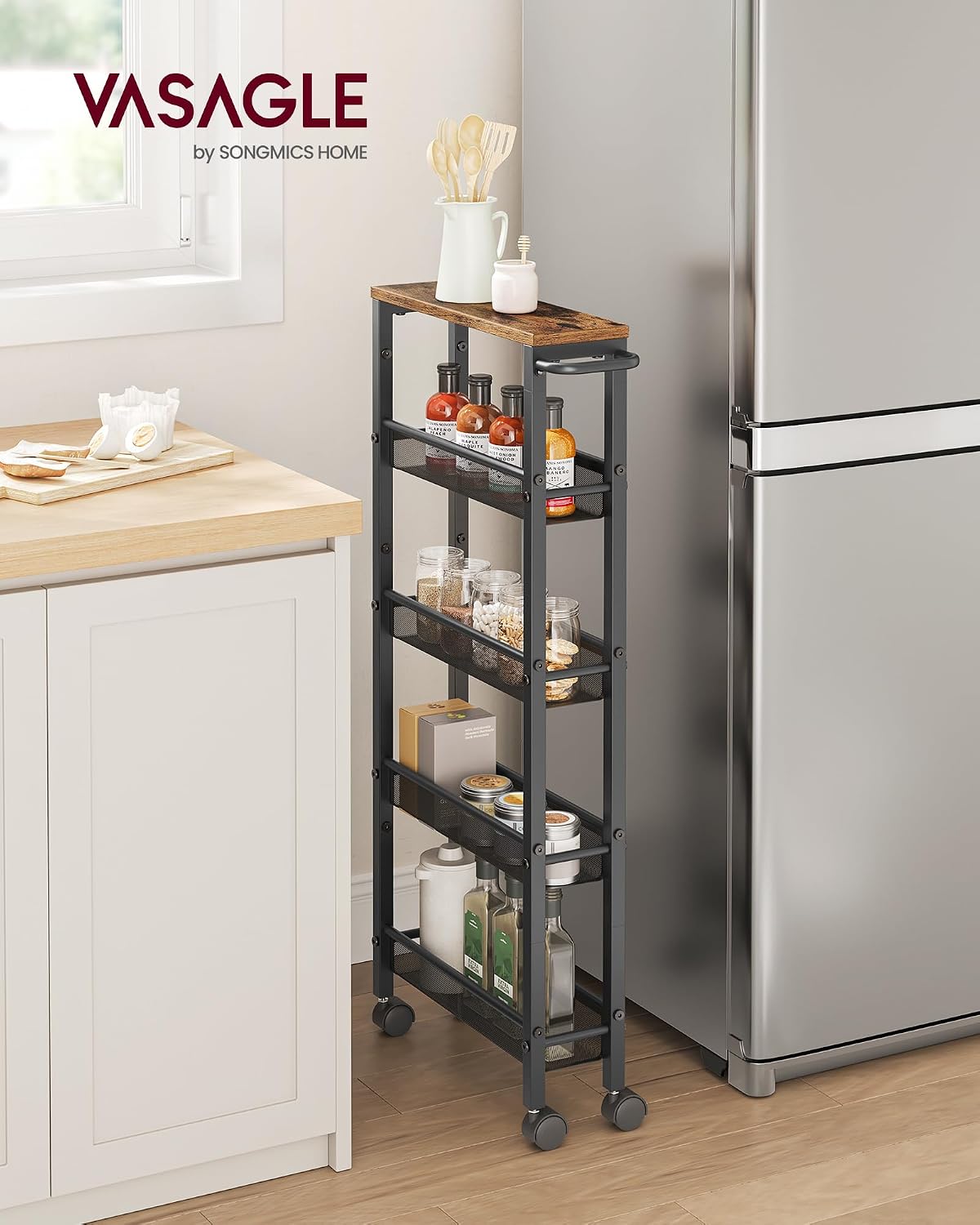VASAGLE Slim Rolling Cart, 4-Tier Narrow Storage Cart with Handle, 5.1 Inches Deep, Metal Frame, for Kitchen, Dining Room, Living Room, Home Office, Rustic Brown and Classic Black ULRC032B01V1