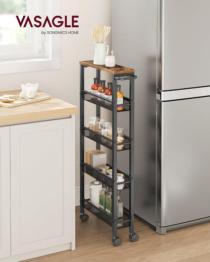 VASAGLE Slim Rolling Cart, 4-Tier Narrow Storage Cart with Handle, 5.1 Inches Deep, Metal Frame, for Kitchen, Dining Room, Living Room, Home Office, Rustic Brown and Classic Black ULRC032B01V1