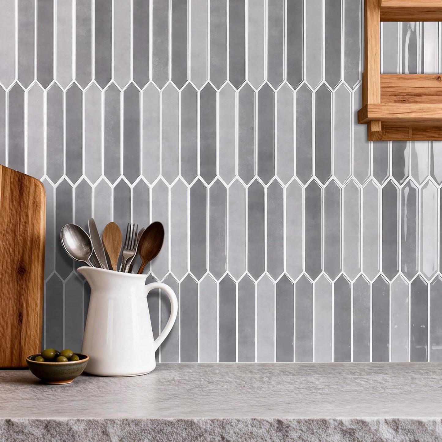 10-Sheet Peel and Stick Backsplash Tile, Self-Adhesive Gray Long Hexagon Wall Tiles, Stick on Backsplash for Kitchen, Bathroom, Fireplace, RV, Thicker Design(12"×12").