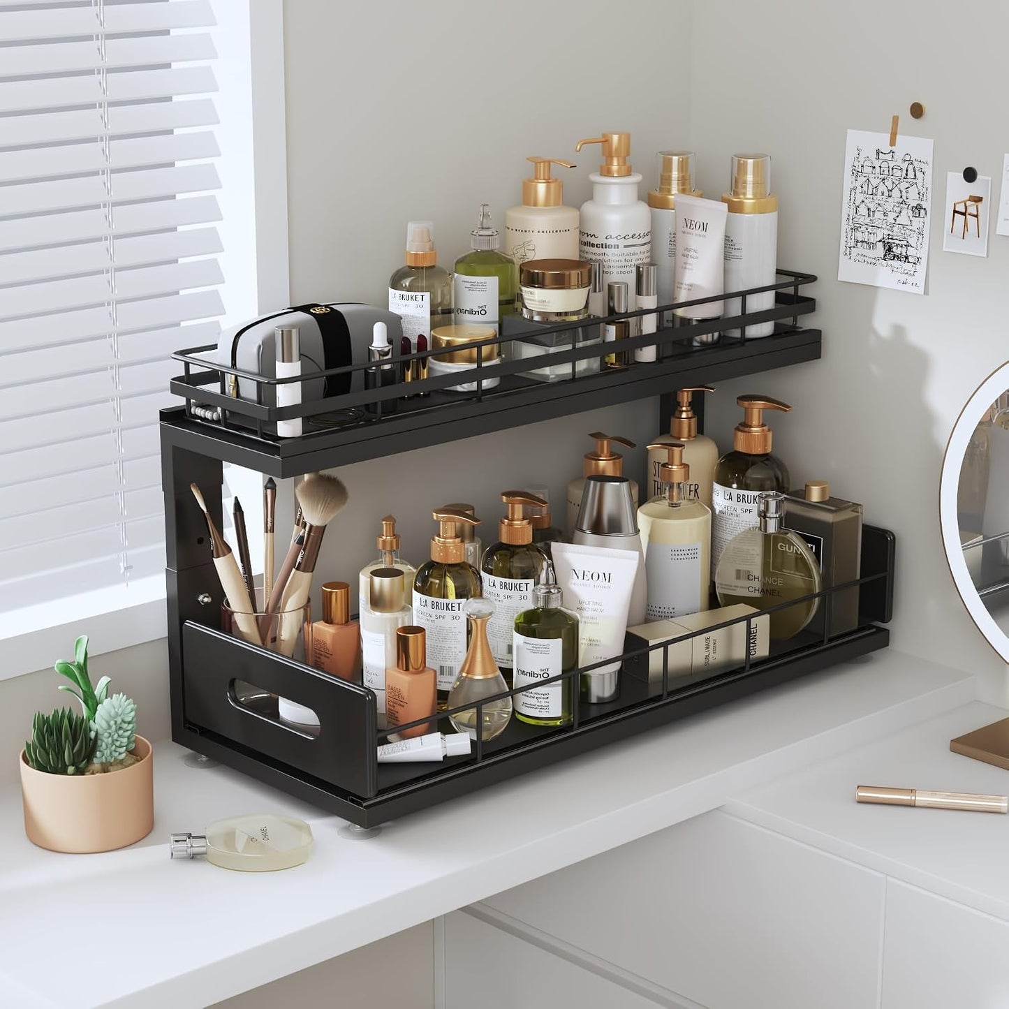 Under Sink Organizer Upgrade To Professional Rails,2-Tier Dual Pull Out Cabinet Storage,Height Adjustable Slide Out Drawers For Bathroom Kitchen,2 Pack-14.5" Dx12.8-16.9" H,White