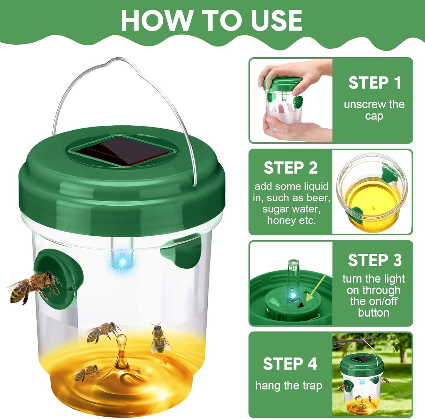Wasp Trap Solar Powered Bee Trap Reusable Fly Traps Outdoor Hanging Wasp Killer with UV LED Light Flying Insects Bee Killer for Indoor Outside Patio Garden Home (6, Yellow)